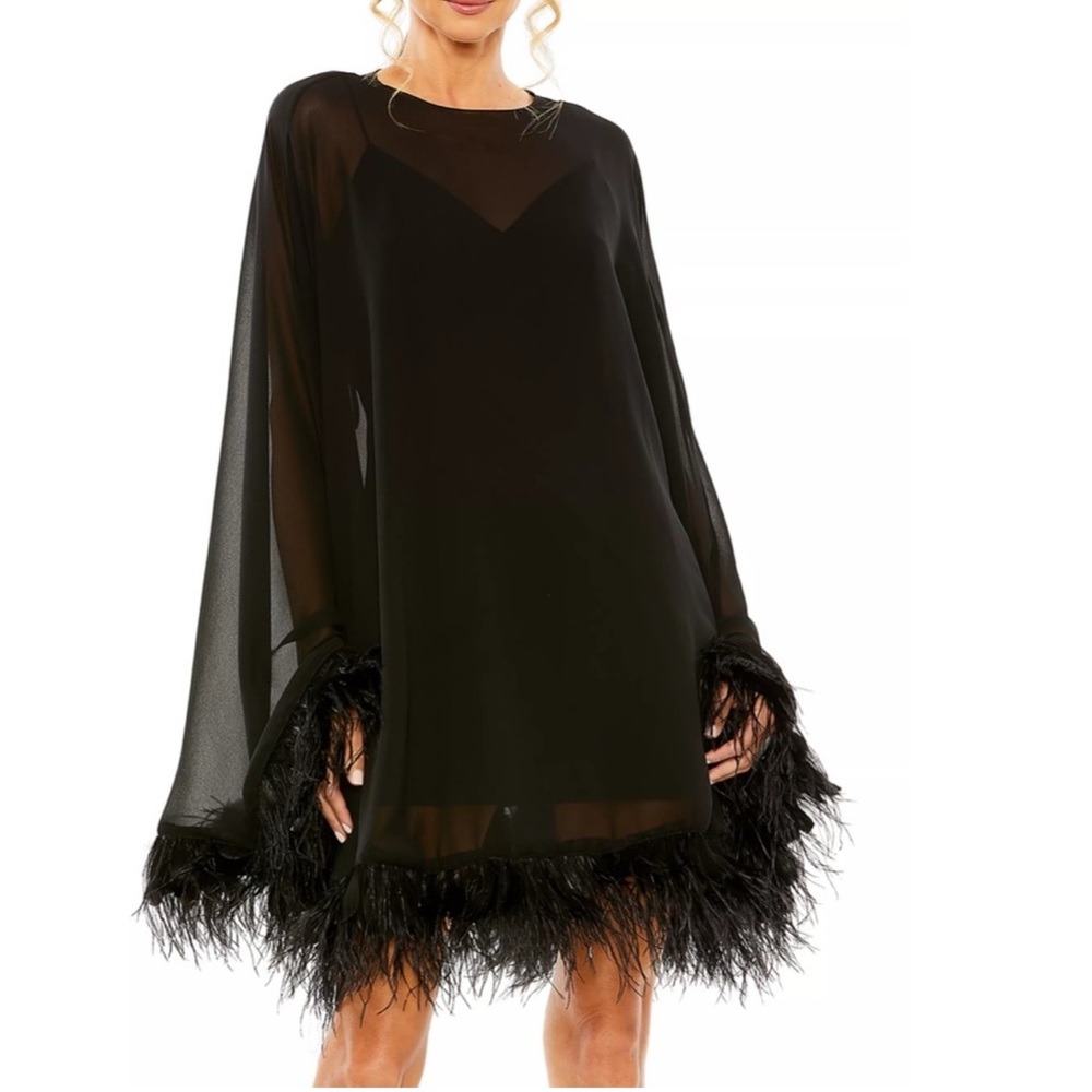 Mac Duggal Black Sheer Feather Trim Cape Dress